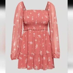 Aritzia Wilfred Tempest Mini Dress Smocked Chiffon in Woodblock Stamp  Sz Medium